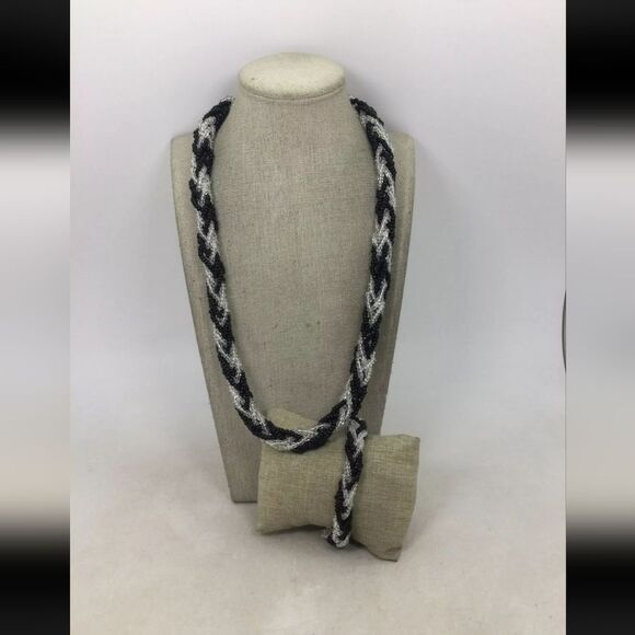 NWT Trifari Black & Clear Beads Braided Necklace/Bracelet Set 22" Necklace 7" B - Picture 1 of 4